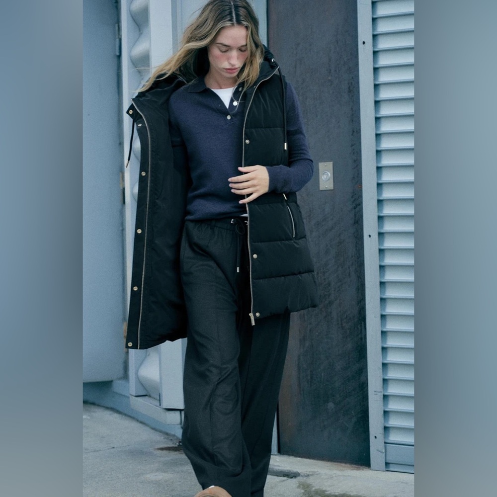 Zara Black Quilted Hooded Long Puffer Vest - Picture 4 of 9